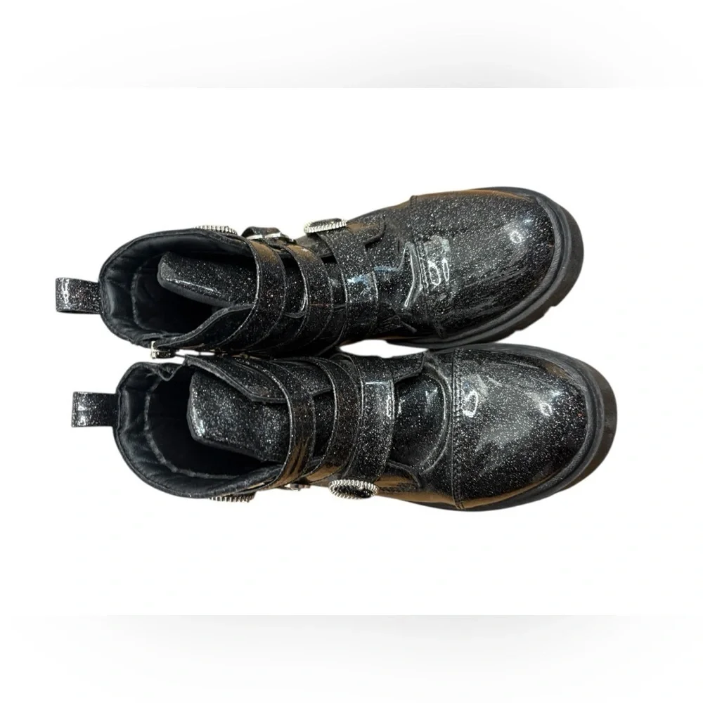 Justice Glittery Black big girls Kids Boots sz 3 zip+ 3 strap buckle preloved